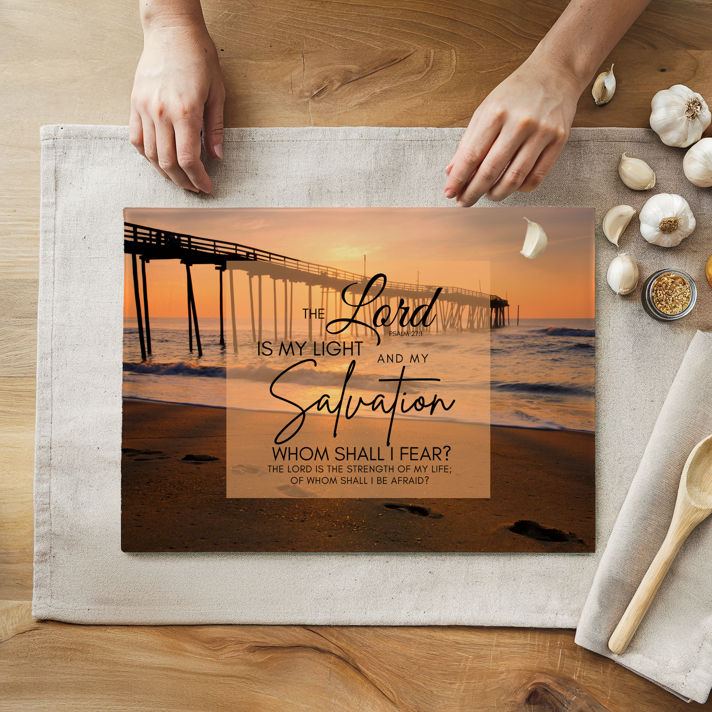 “The Lord Is My Light & Salvation” Glass Cutting Board | 8” x 11” Tempered Glass | North Topsail Beach, NC Coastal Design