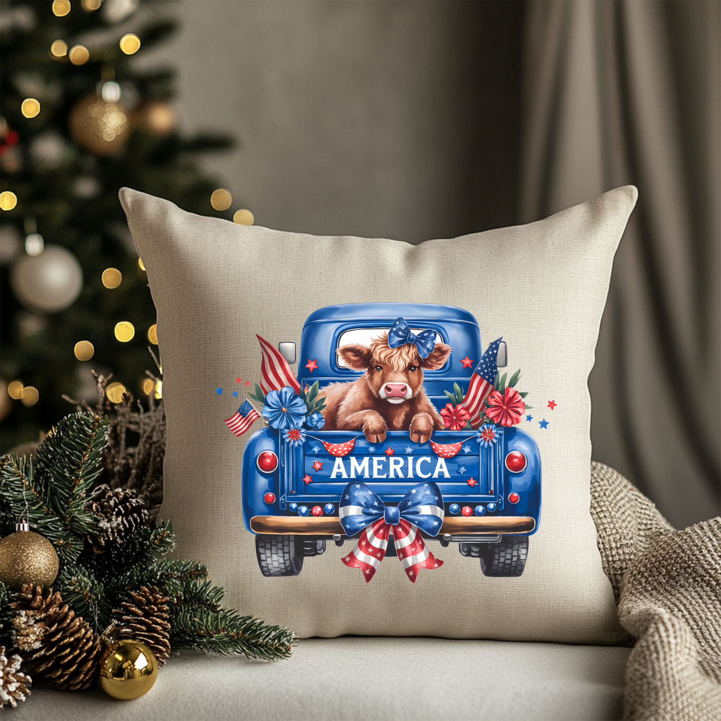 Patriotic Highland Cow “America” Linen Throw Pillow | 18x18 | Farmhouse Patriotic Home Decor | Designed & Printed In-House by Prickly Petal Boutique