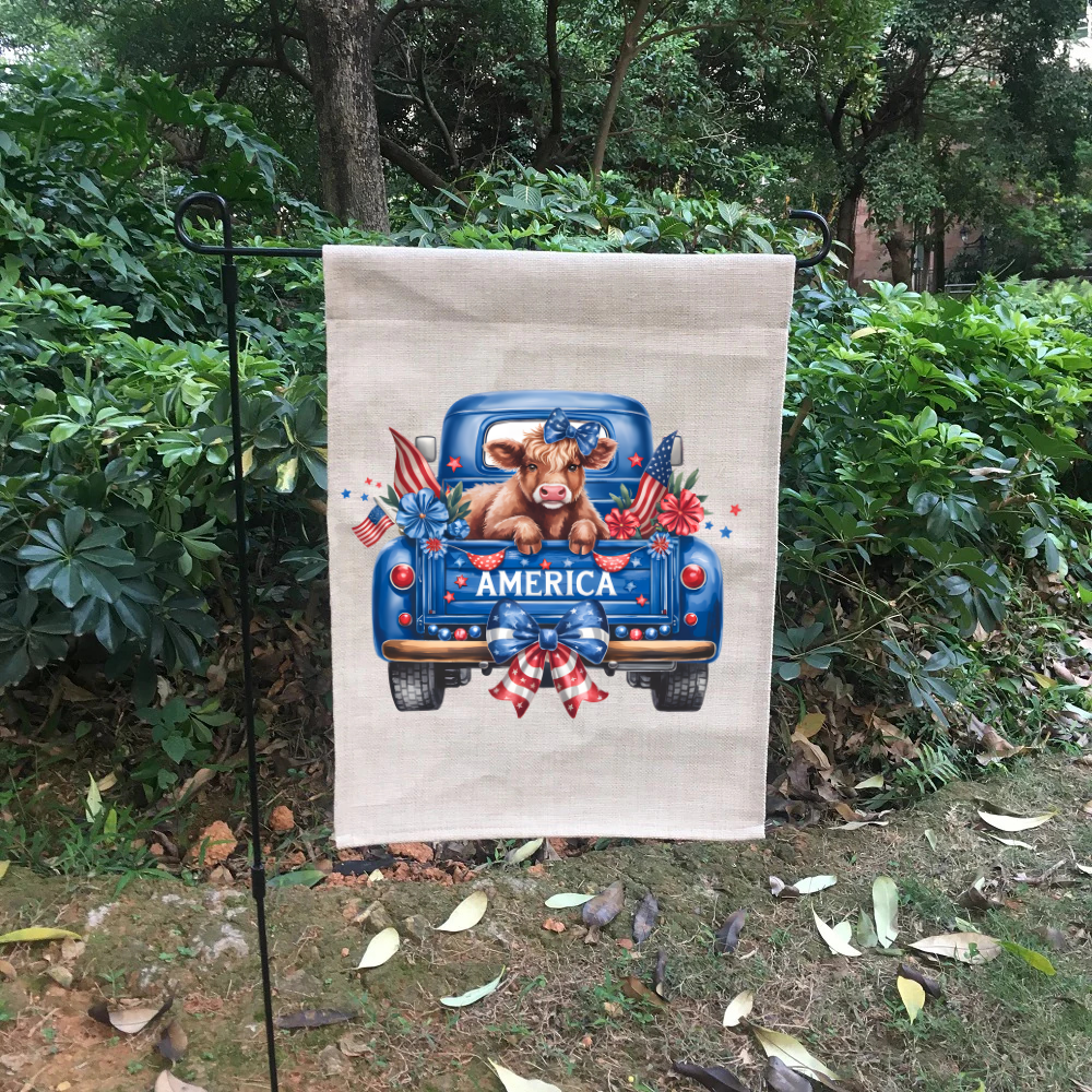 Patriotic Cow in America Truck Burlap Garden Flag | 12” x 18” Farmhouse 4th of July Outdoor Decor
