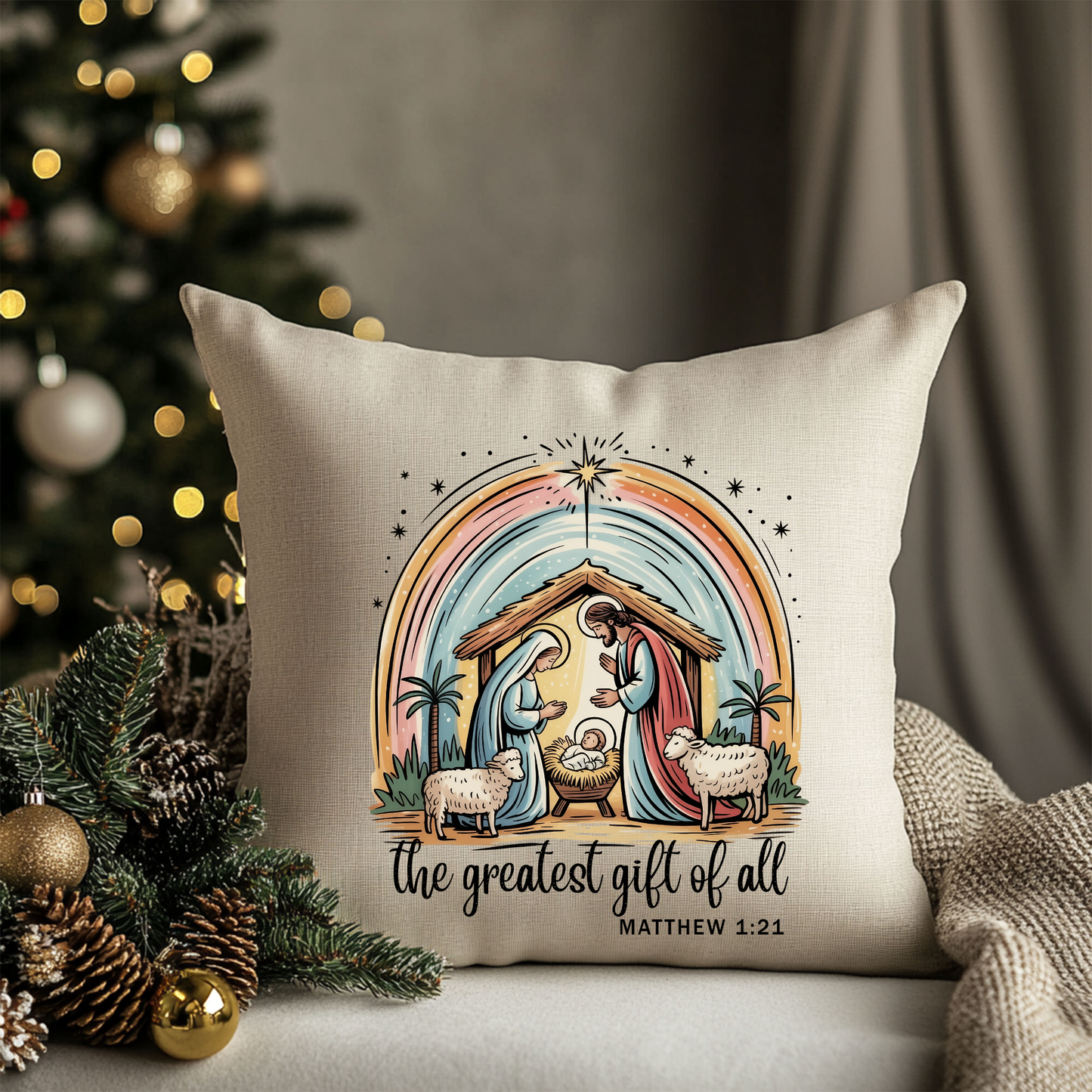“The Greatest Gift of All” Nativity Linen Throw Pillow | 18x18 | Matthew 1:21 | Christian Christmas Home Decor | Designed In-House by Prickly Petal Boutique