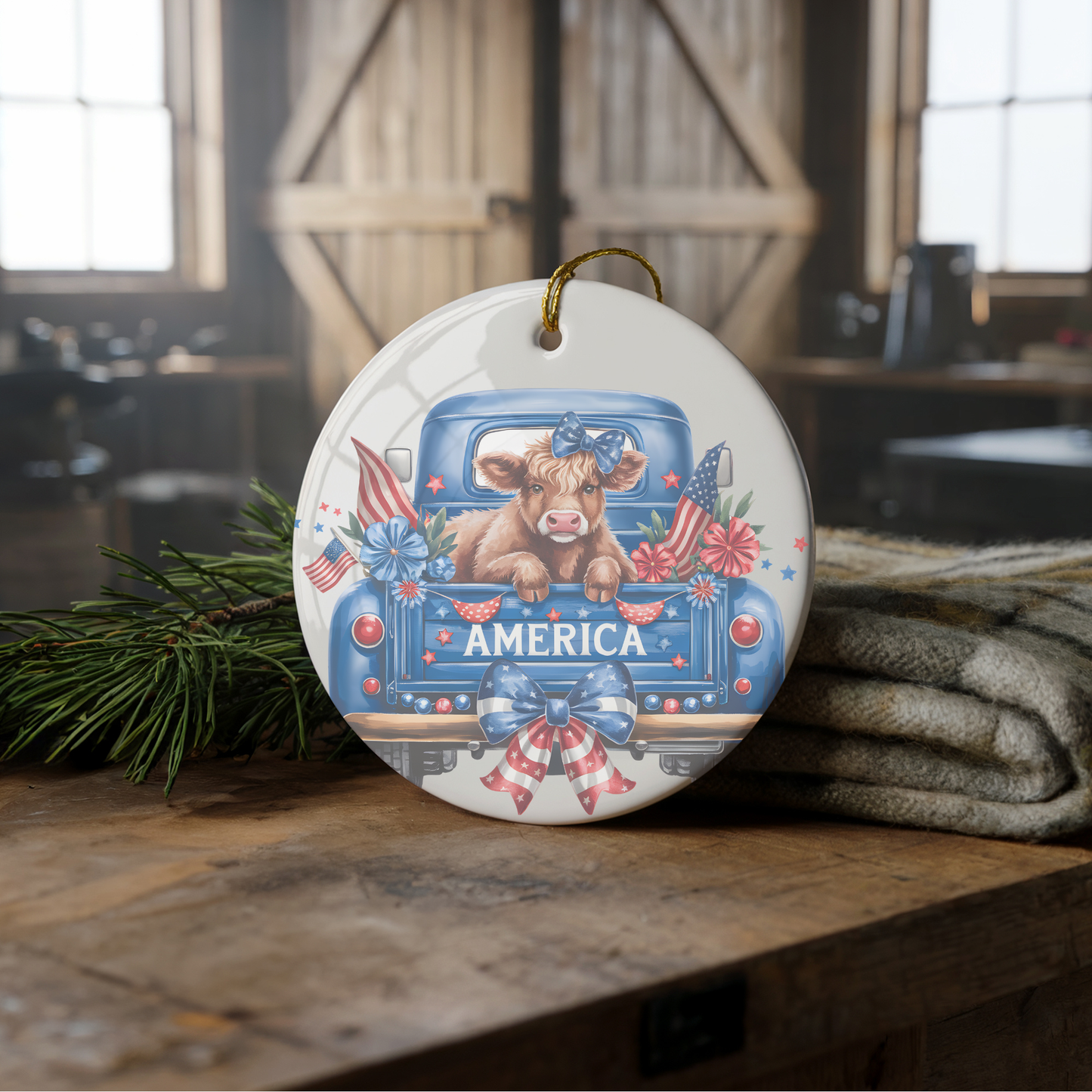 Americana Farmhouse Cow Ceramic 3" ornament with Ribbon