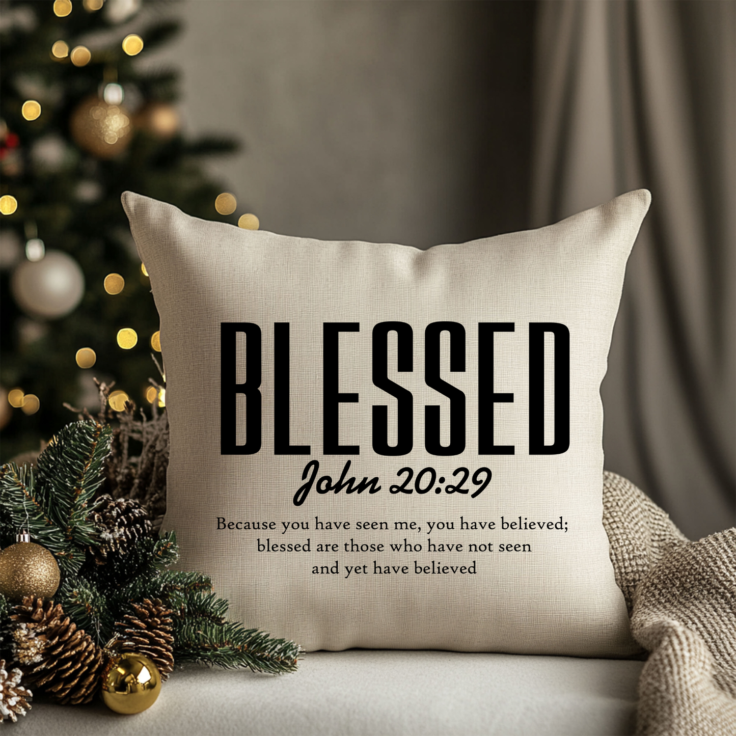 “Blessed” John 20:29 Linen Throw Pillow | 18x18 | Christian Farmhouse Home Decor | Designed & Printed In-House by Prickly Petal Boutique