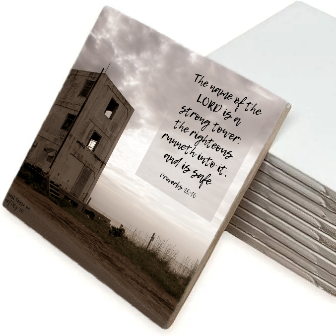 6x6 Ceramic Photo Tile – Proverbs 18:10 “Strong Tower” Scripture Art