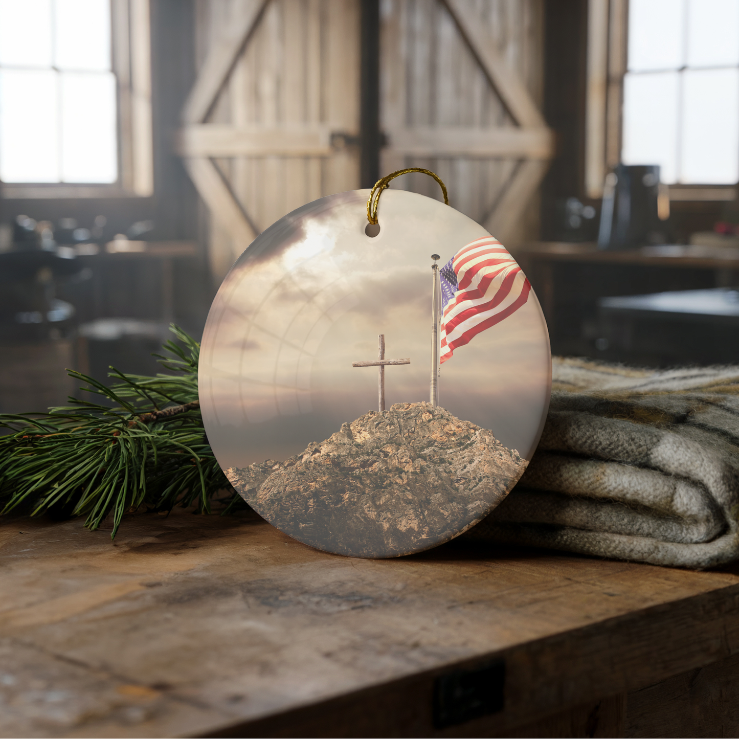 God & Country Ceramic 3" ornament with Ribbon