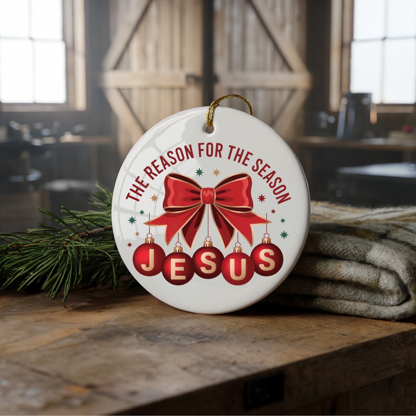 Jesus is The Reason for the Season Ceramic 3" ornament with Ribbon
