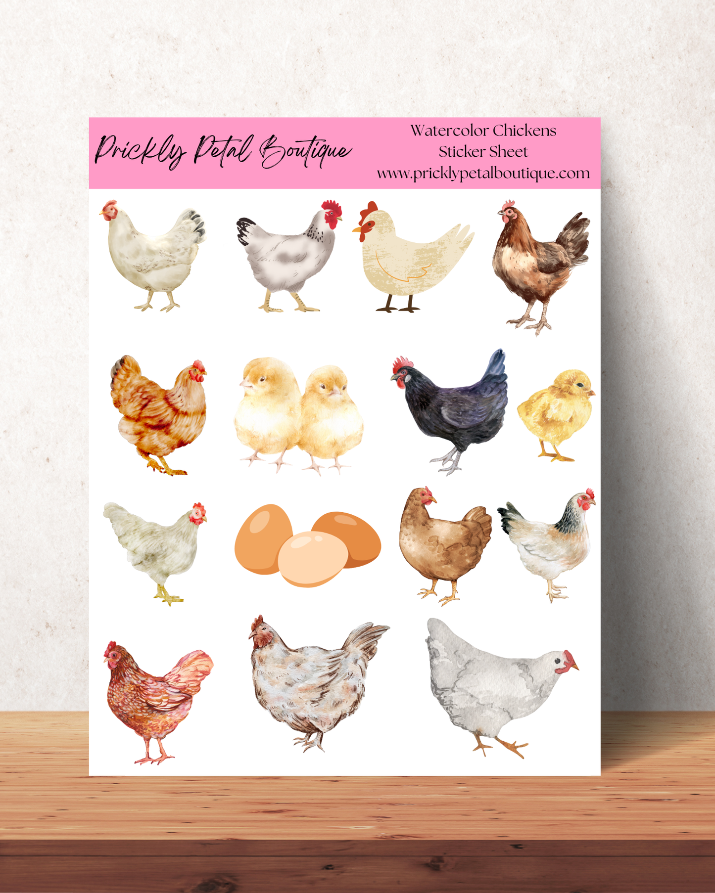 Watercolor Chickens Sticker Sheet 8" x 10"