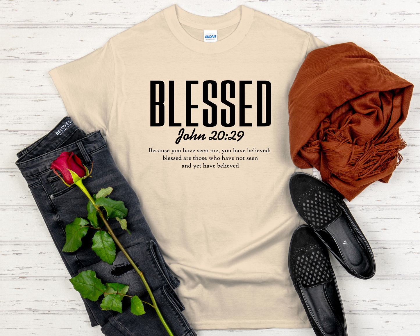 Blessed | John 20:29 Bible Verse Signature Softstyle Short-Sleeve T-Shirt