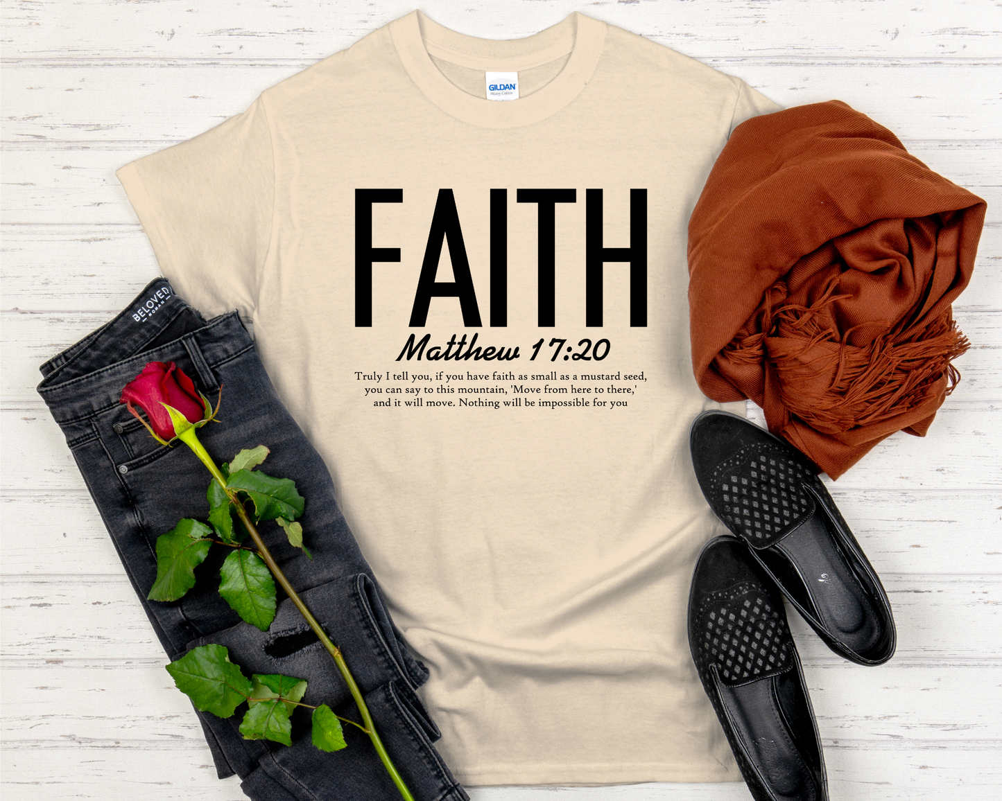 Faith | Matthew 17:20 Bible Verse Signature Softstyle Short-Sleeve T-Shirt