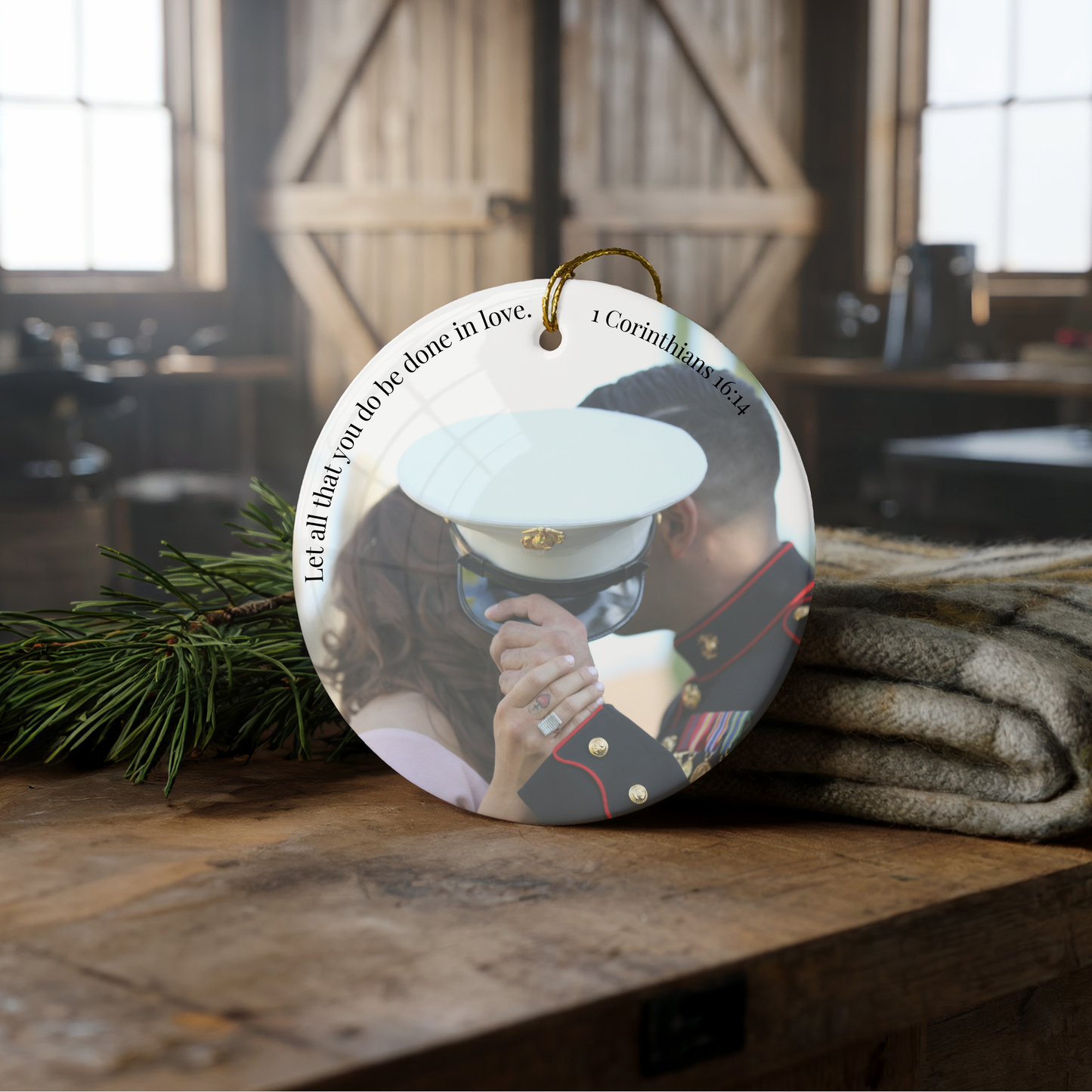 Personalized 1 Corinthians 16:14 Ceramic Wedding Photo Ornament