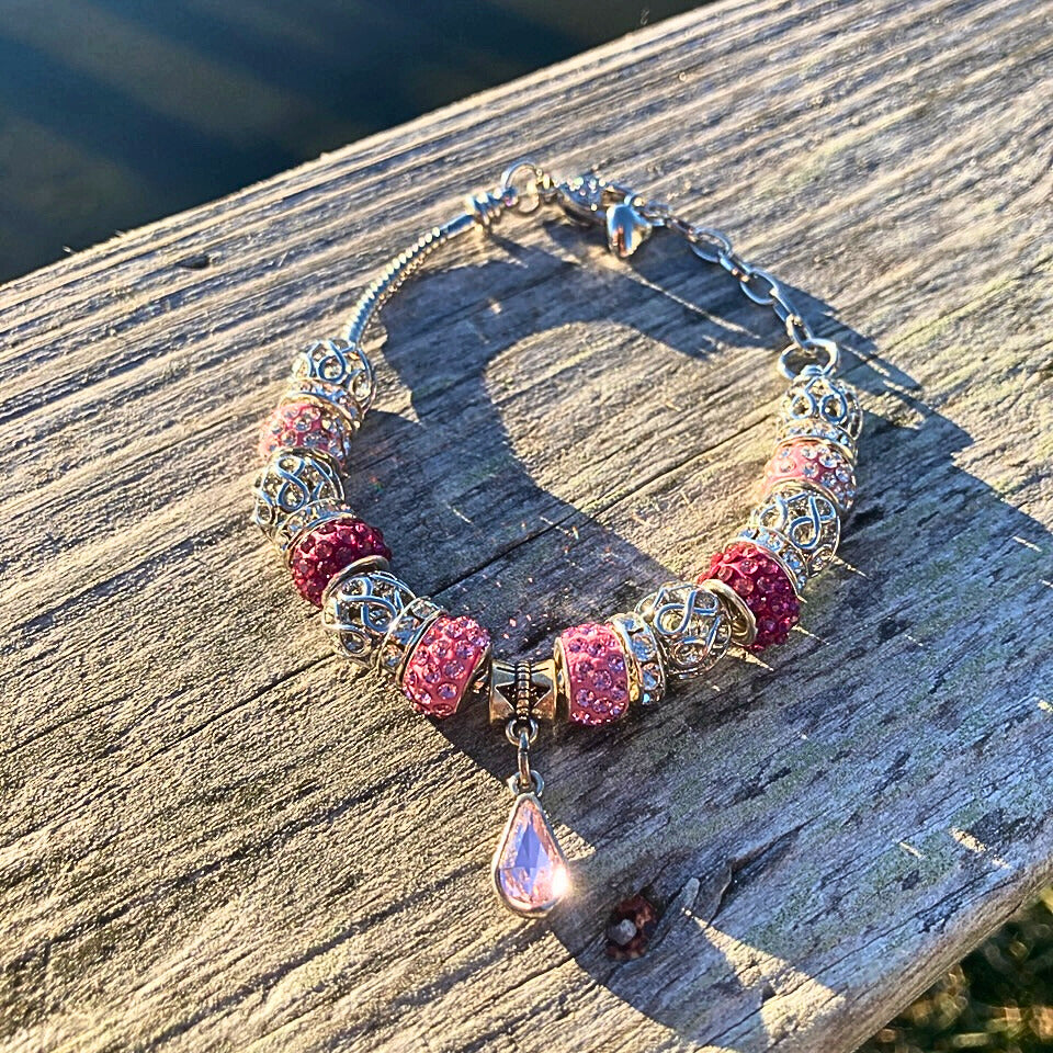 Pink Drop Heart Charm Bracelet
