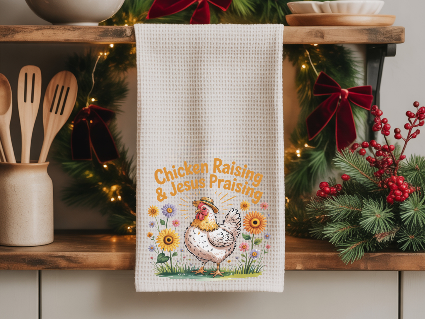 Waffle Weave Kitchen Towel (Chicken Raising and Jesus Praising)