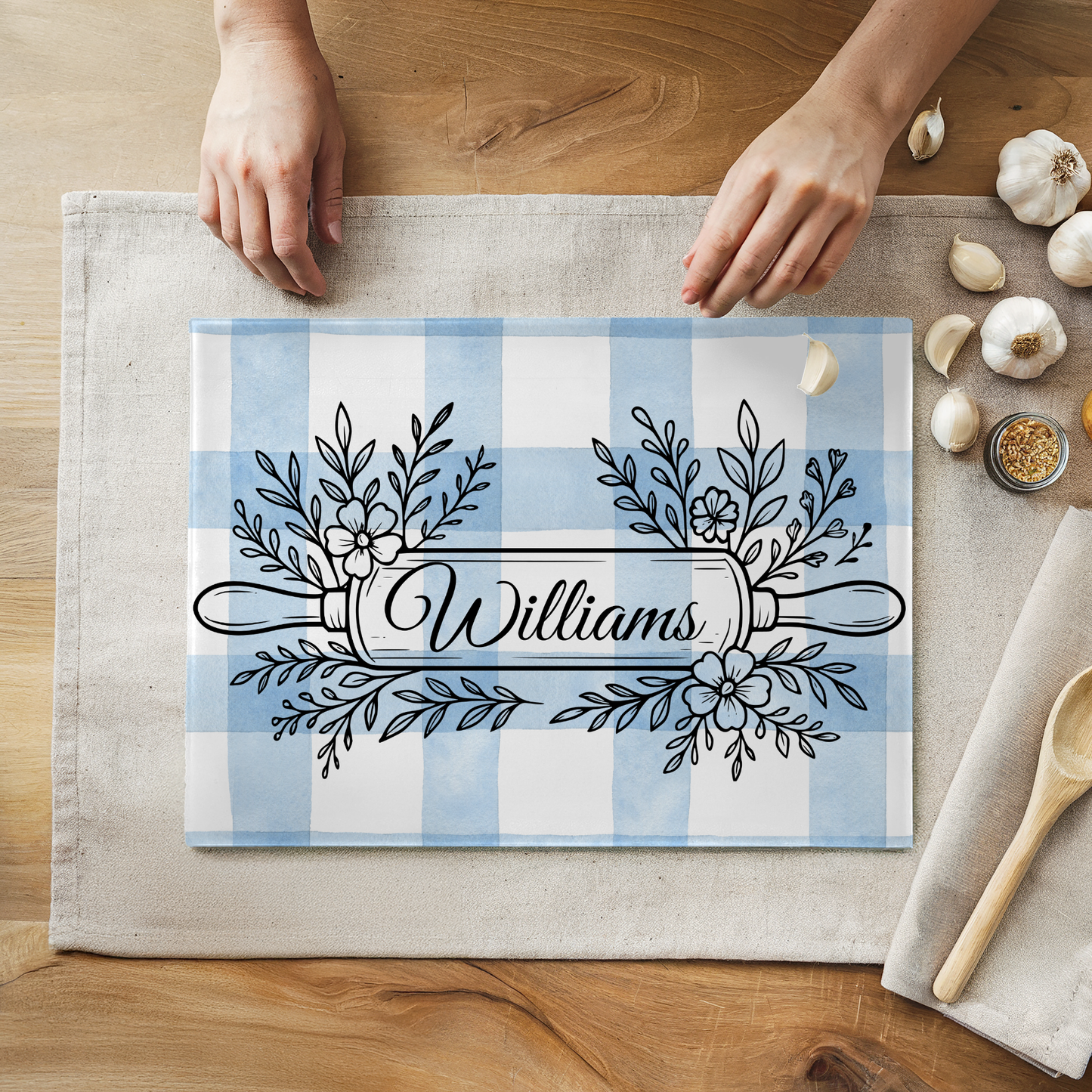 Personalized Gingham Pattern Glass Cutting Board 8" x 11"