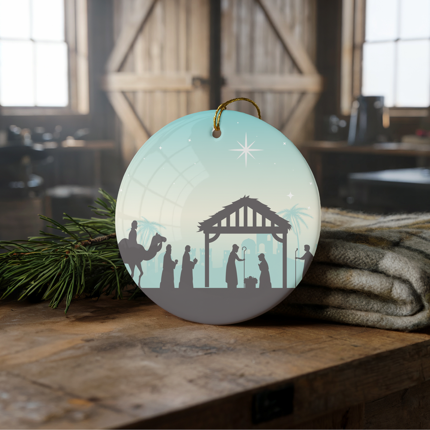 Nativity Silhouette Ceramic 3" ornament with Ribbon