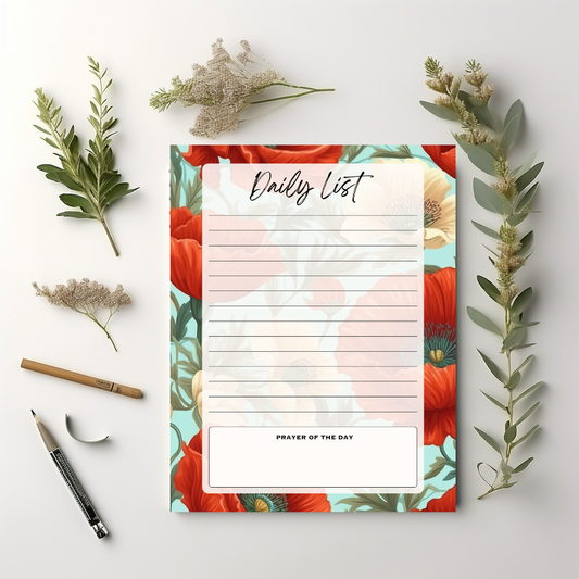 Red Floral Daily List Notepad 8.5" x 11"