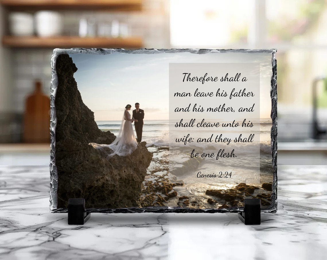 Personalized Wedding Photo Slate Rock Plaque – Genesis 2:24 Scripture | Large 7.6" x 11.4" | Custom Christian Wedding Gift