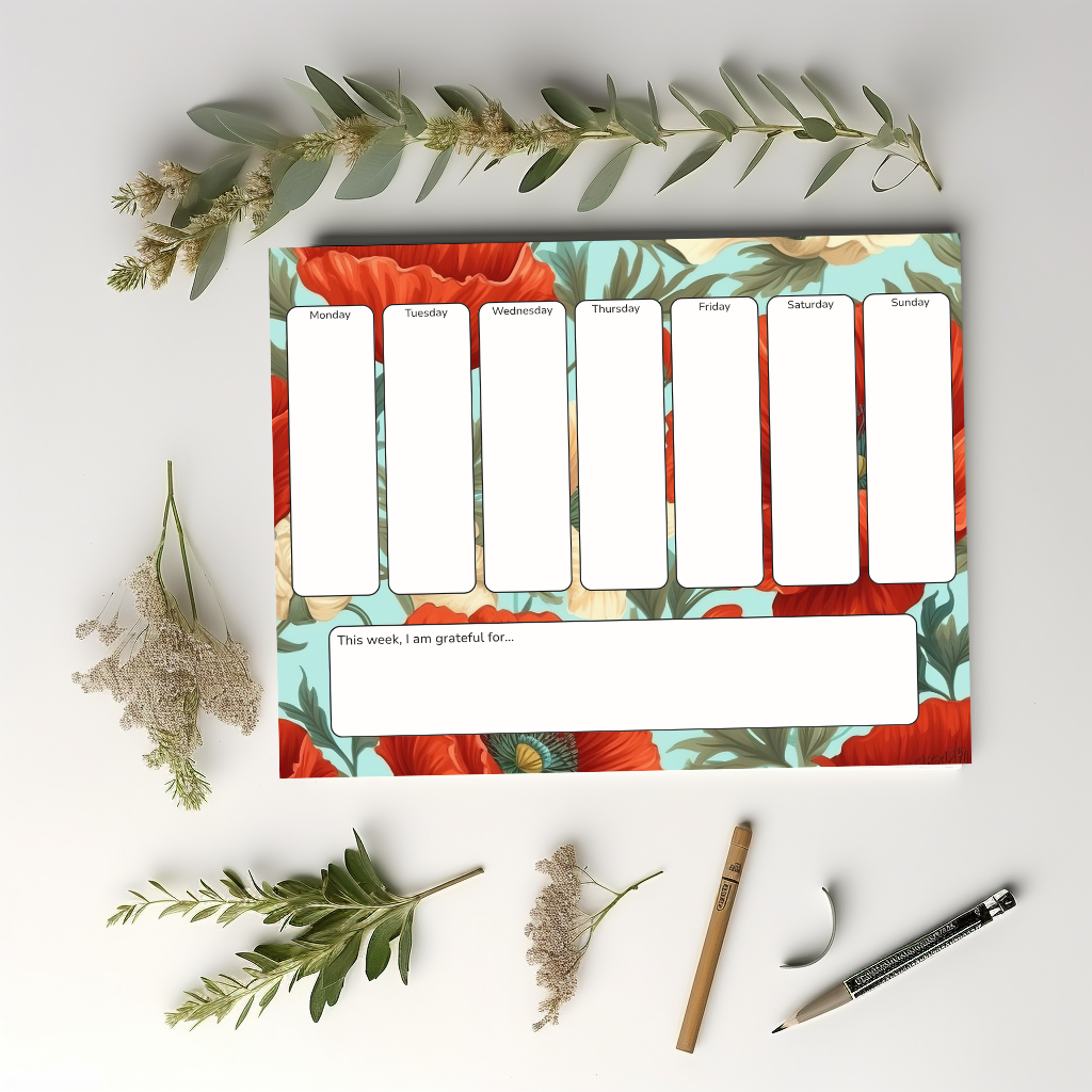 Red Floral Weekly Planner Notepad 8.5" x 11"