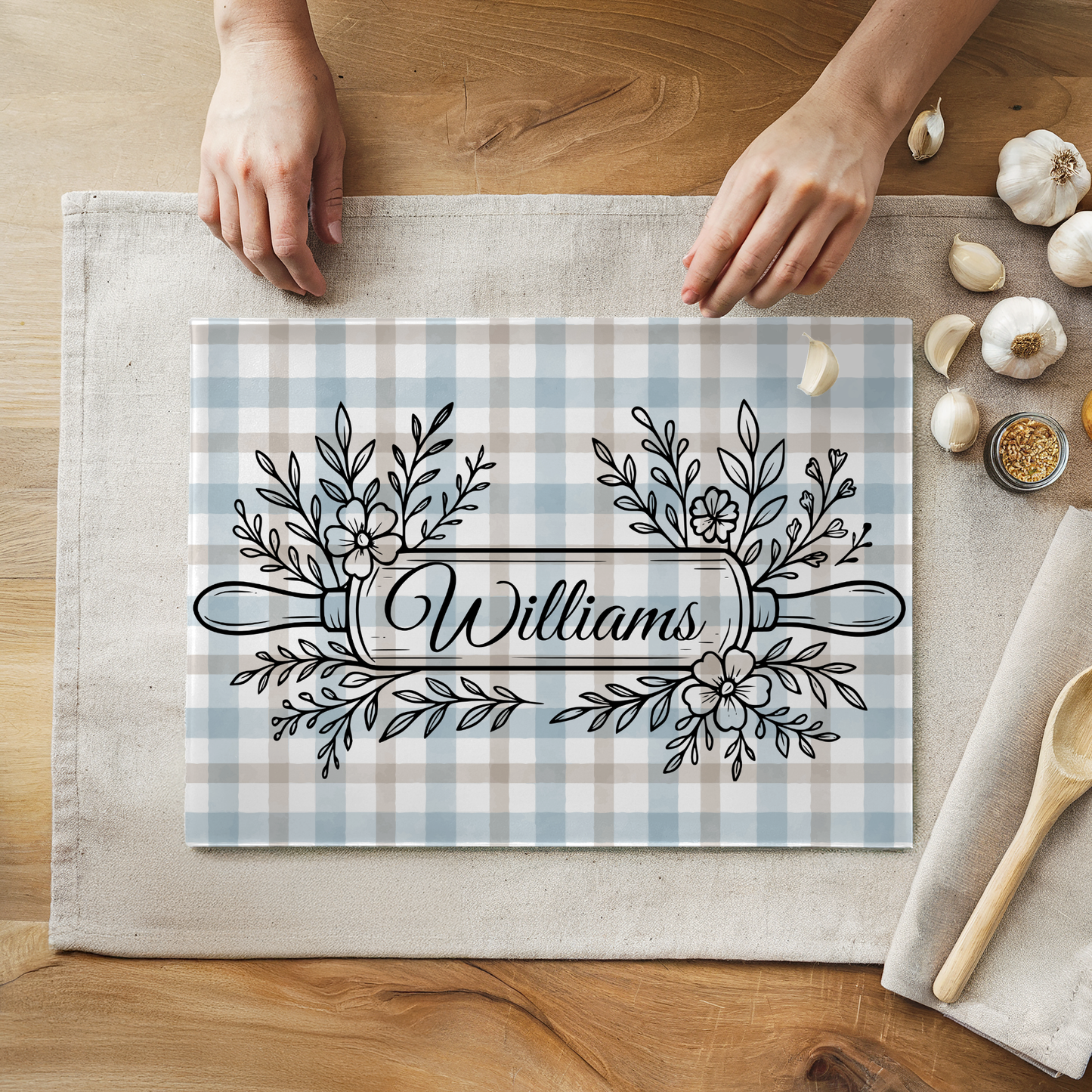 Personalized Gingham Pattern Glass Cutting Board 8" x 11"