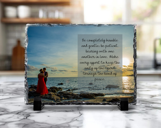 Personalized Wedding Photo Slate Rock Plaque – Ephesians 4:2–3 Scripture | Large 7.6" x 11.4" | Christian Marriage Keepsake