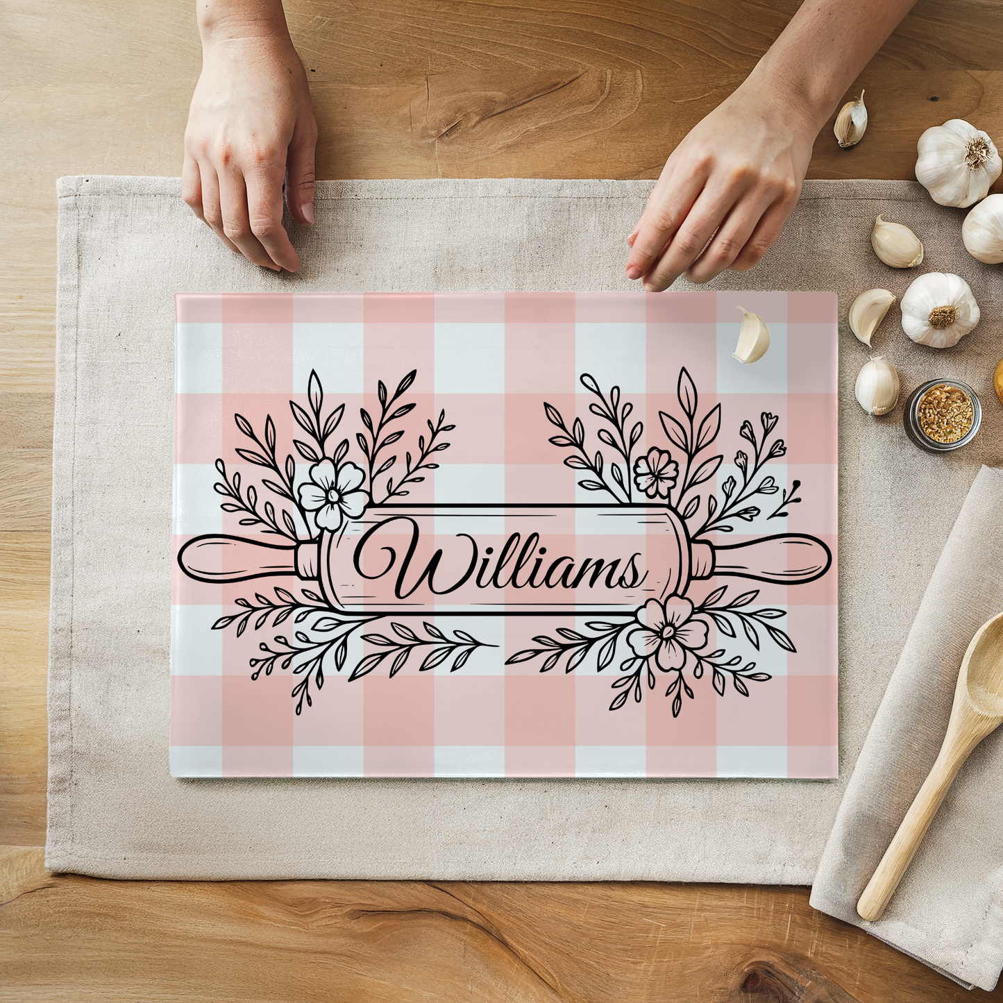 Personalized Gingham Pattern Glass Cutting Board 8" x 11"