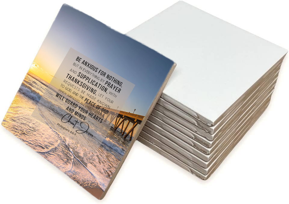 6x6 Ceramic Photo Tile – Philippians 4:6–7 “Be Anxious for Nothing” Coastal Scripture Art (Stand Not Included)