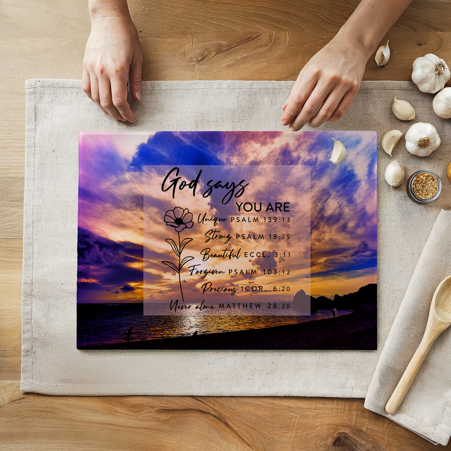 “God Says You Are” Glass Cutting Board | 8” x 11” Tempered Glass | Nirai Beach, Okinawa Sunset Design