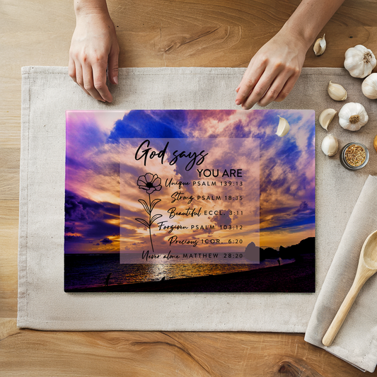 “God Says You Are” Glass Cutting Board | 8” x 11” Tempered Glass | Nirai Beach, Okinawa Sunset Design