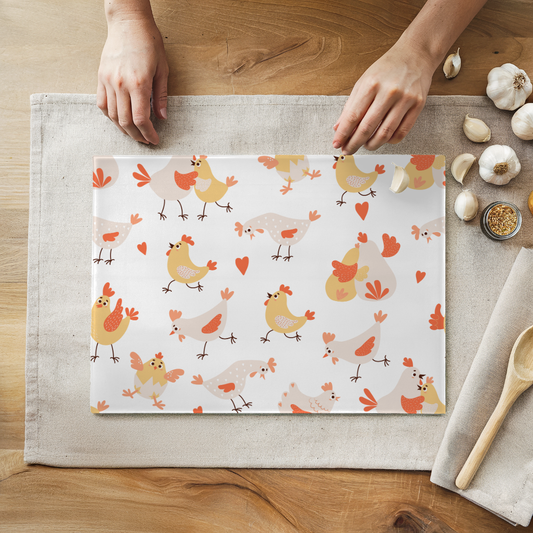 Little Hens & Hearts Glass Cutting Board 8" x 11"