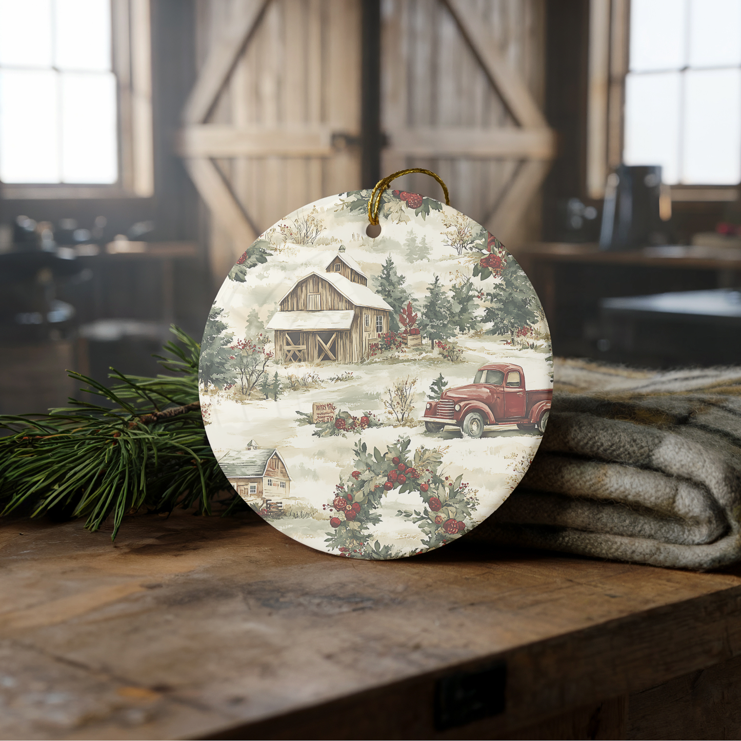 Farmhouse Winter Barn Scene Ceramic 3" ornament with Ribbon