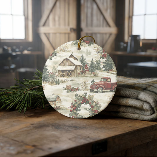 Farmhouse Winter Barn Scene Ceramic 3" ornament with Ribbon