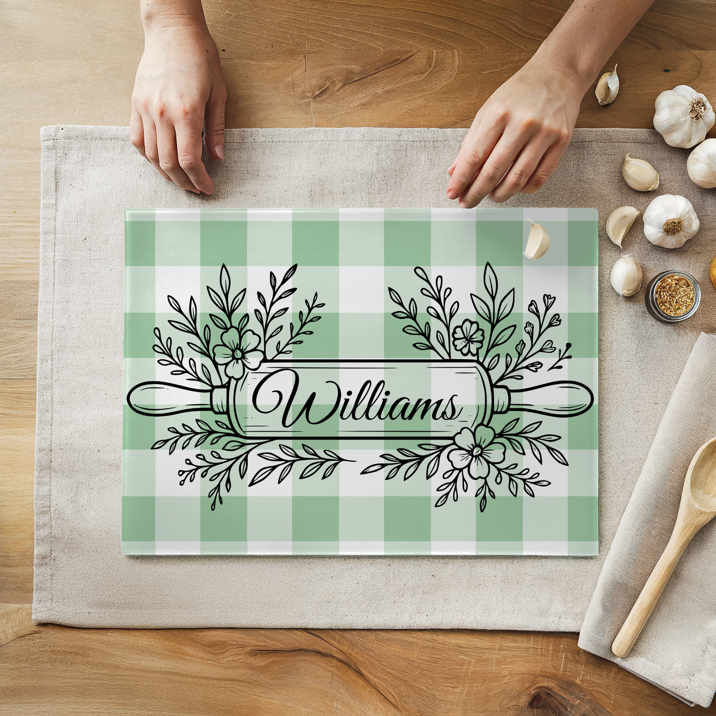 Personalized Gingham Pattern Glass Cutting Board 8" x 11"