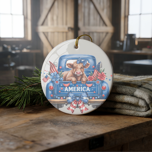 Americana Farmhouse Cow Ceramic 3" ornament with Ribbon