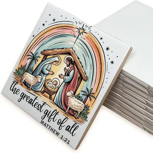 6x6 Ceramic Photo Tile – Nativity Scene “The Greatest Gift of All” | Matthew 1:21