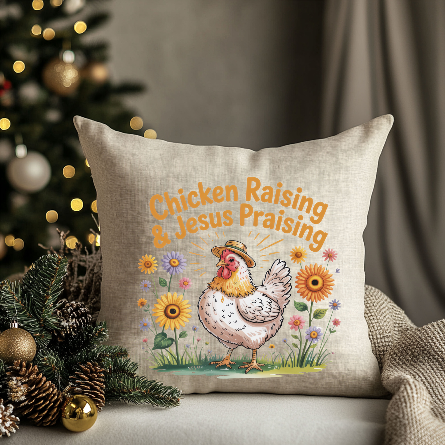“Chicken Raising & Jesus Praising” Linen Throw Pillow | 18x18 | Faith + Farmhouse Home Decor | Designed & Printed In-House by Prickly Petal Boutique