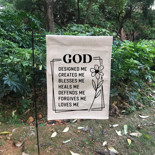 “God Designed Me, Created Me, Blesses Me” Burlap Garden Flag | 12” x 18” Christian Outdoor Farmhouse Decor