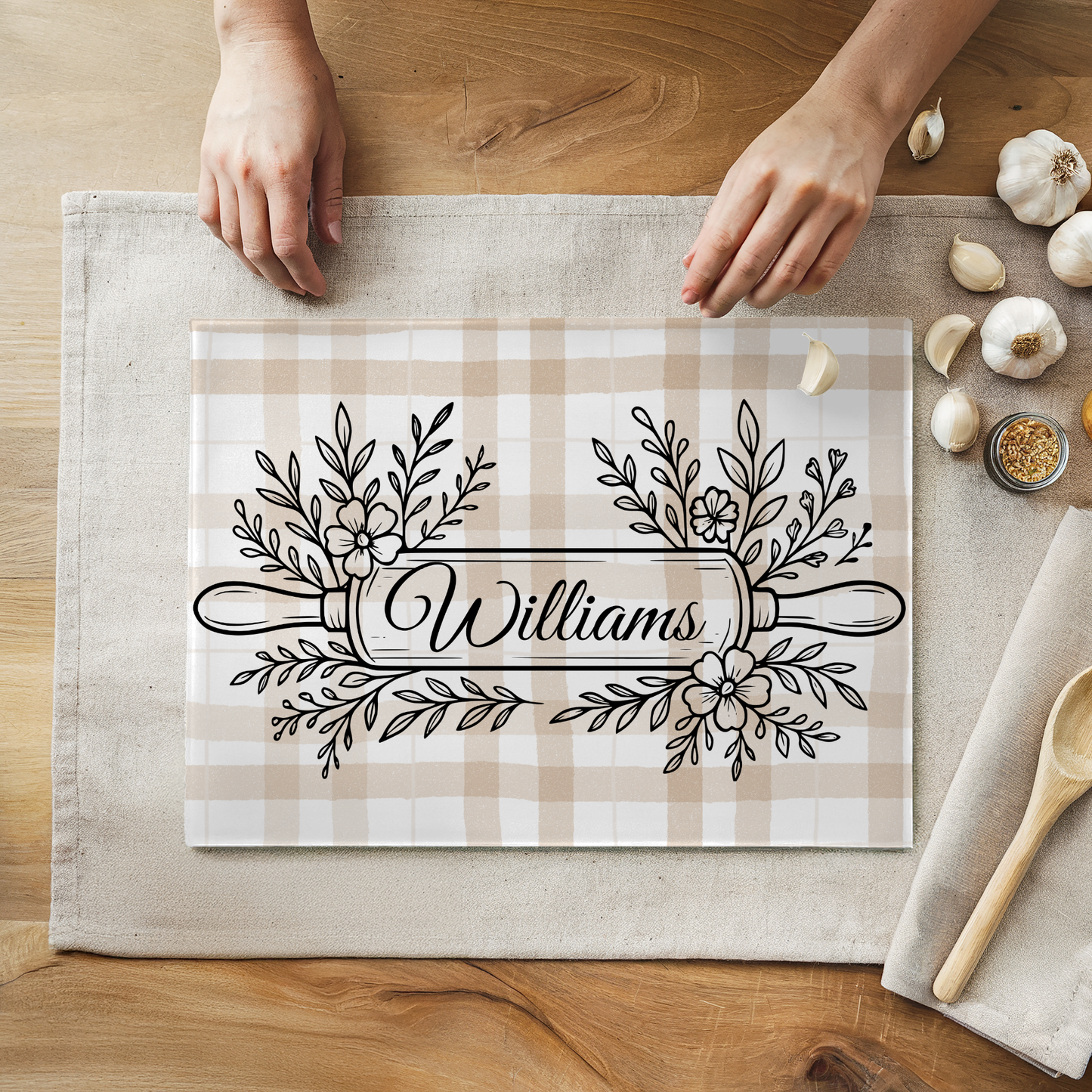 Personalized Gingham Pattern Glass Cutting Board 8" x 11"