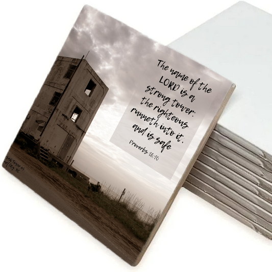 6x6 Ceramic Photo Tile – Proverbs 18:10 “Strong Tower” Scripture Art