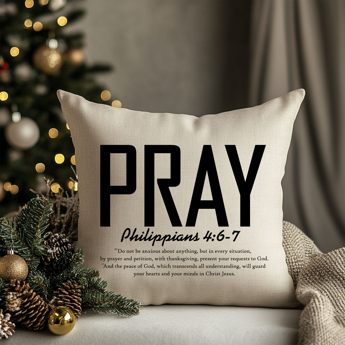 “PRAY” Philippians 4:6–7 Linen Throw Pillow | 18x18 | Christian Farmhouse Home Decor | Designed & Printed In-House by Prickly Petal Boutique