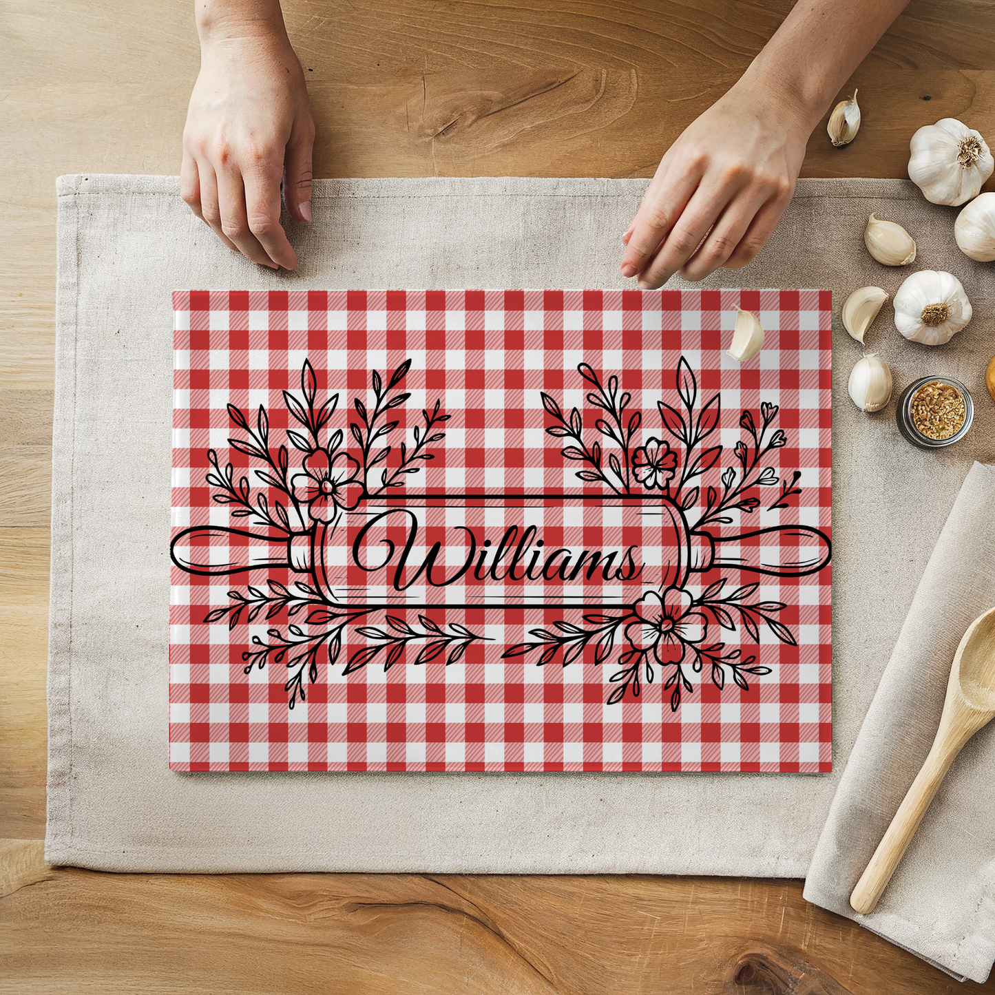 Personalized Gingham Pattern Glass Cutting Board 8" x 11"