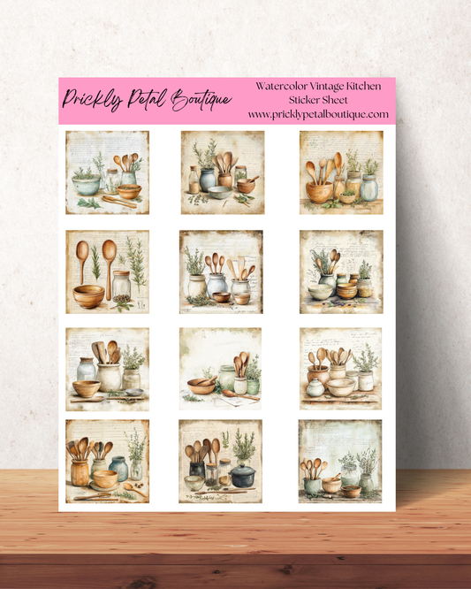 Watercolor Vintage Kitchen Sticker Sheet 8" x 10"