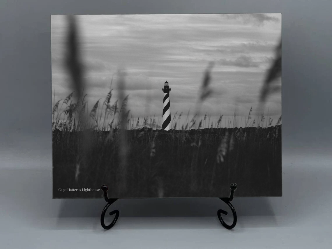 8x12 Ceramic Photo Tile – Cape Hatteras Lighthouse Black & White Coastal Art (Stand Not Included)