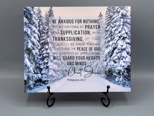 8x12 Ceramic Photo Tile – Philippians 4:6–7 “Be Anxious for Nothing” Scripture Art (Stand Not Included)