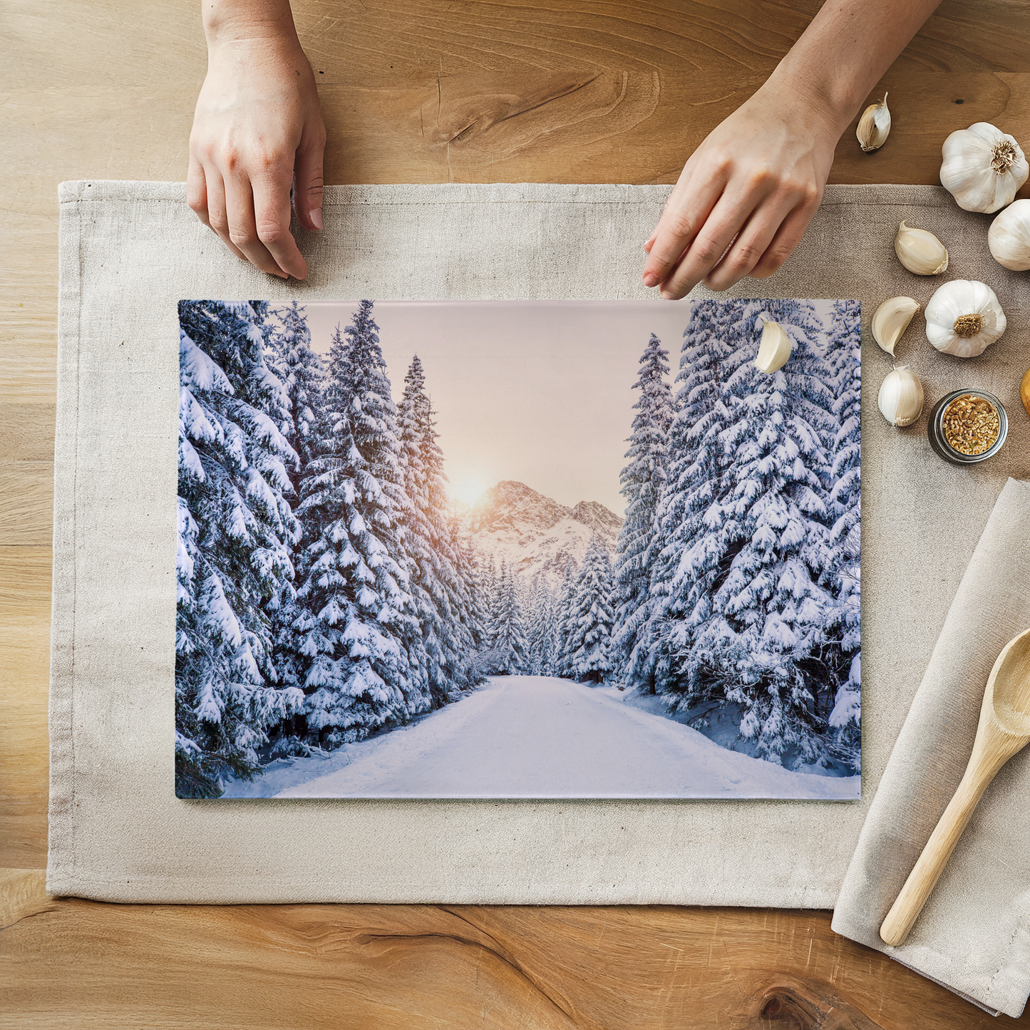 Winter Wonderland Forest Glass Cutting Board 8" x 11"