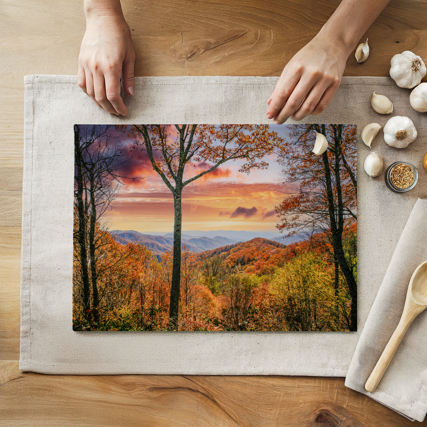 Smoky Mountains in the Fall Glass Cutting Board 8" x 11"