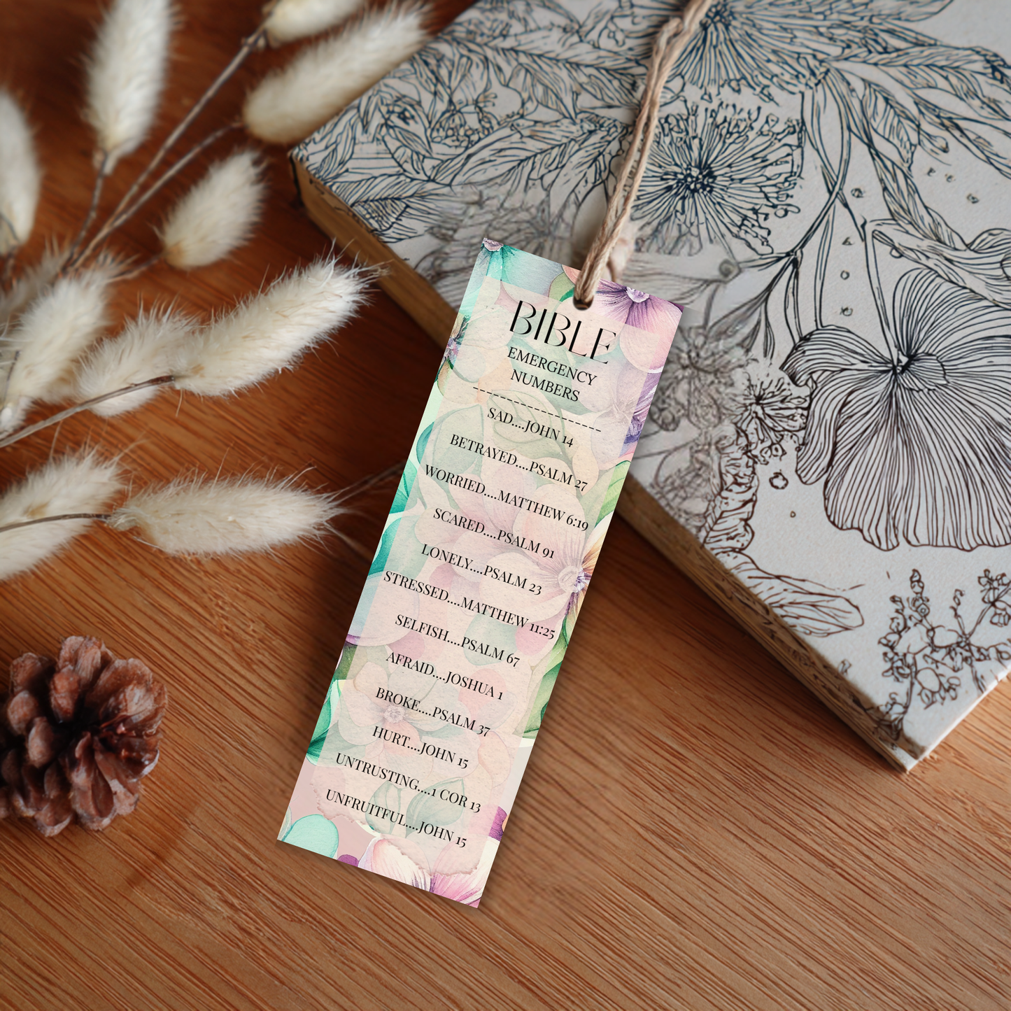 Bible Emergency Numbers Hand-Drawn Bookmark | Laminated Scripture Bookmark
