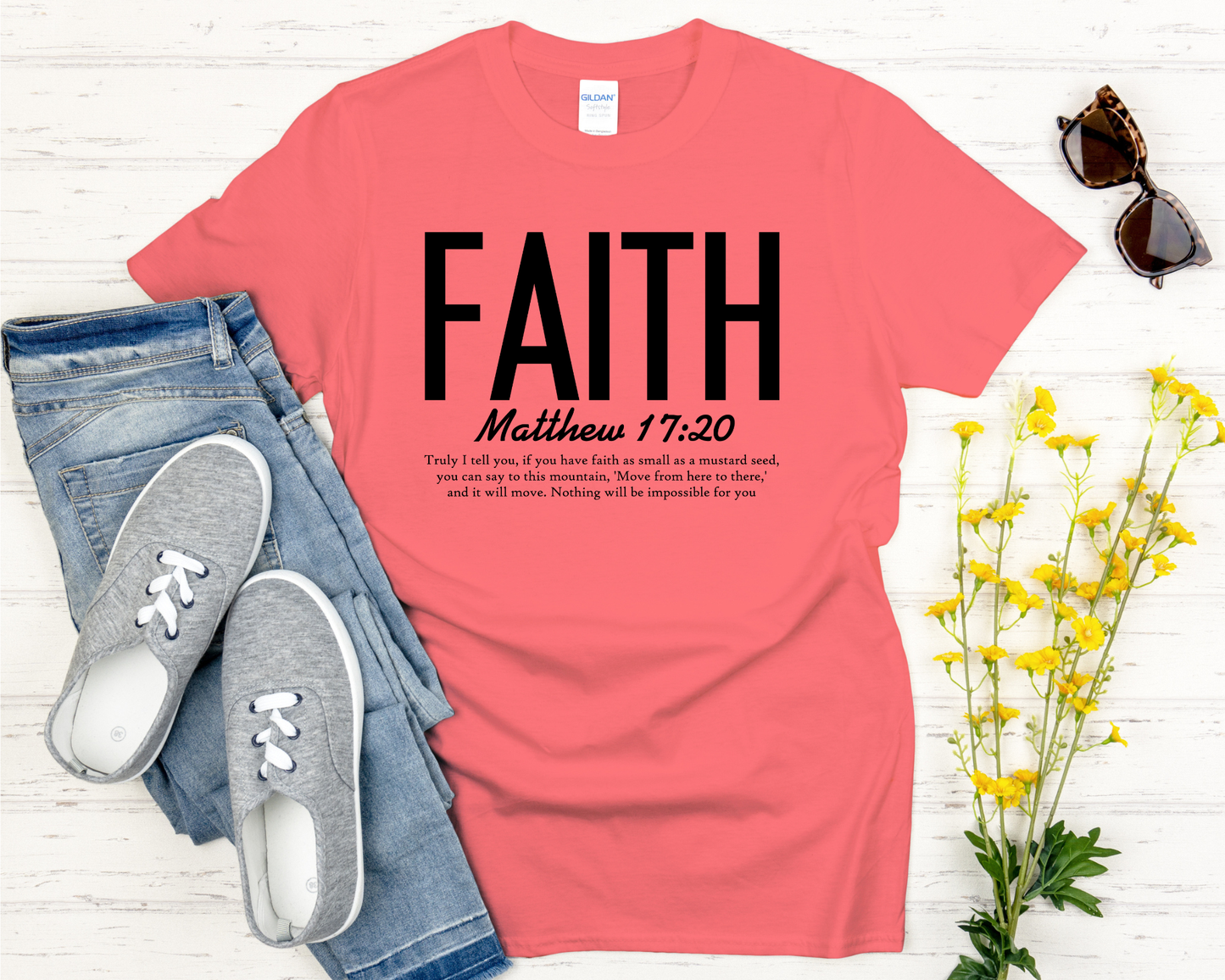 Faith | Matthew 17:20 Bible Verse Signature Softstyle Short-Sleeve T-Shirt