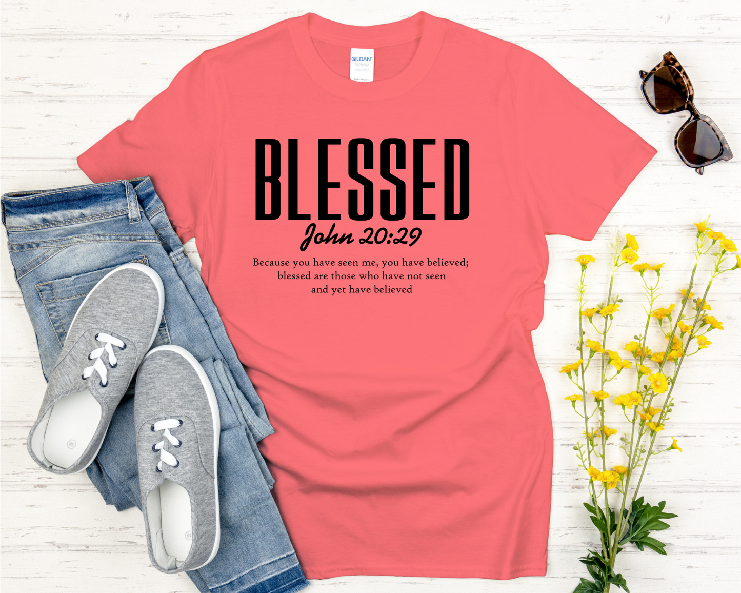 Blessed | John 20:29 Bible Verse Signature Softstyle Short-Sleeve T-Shirt