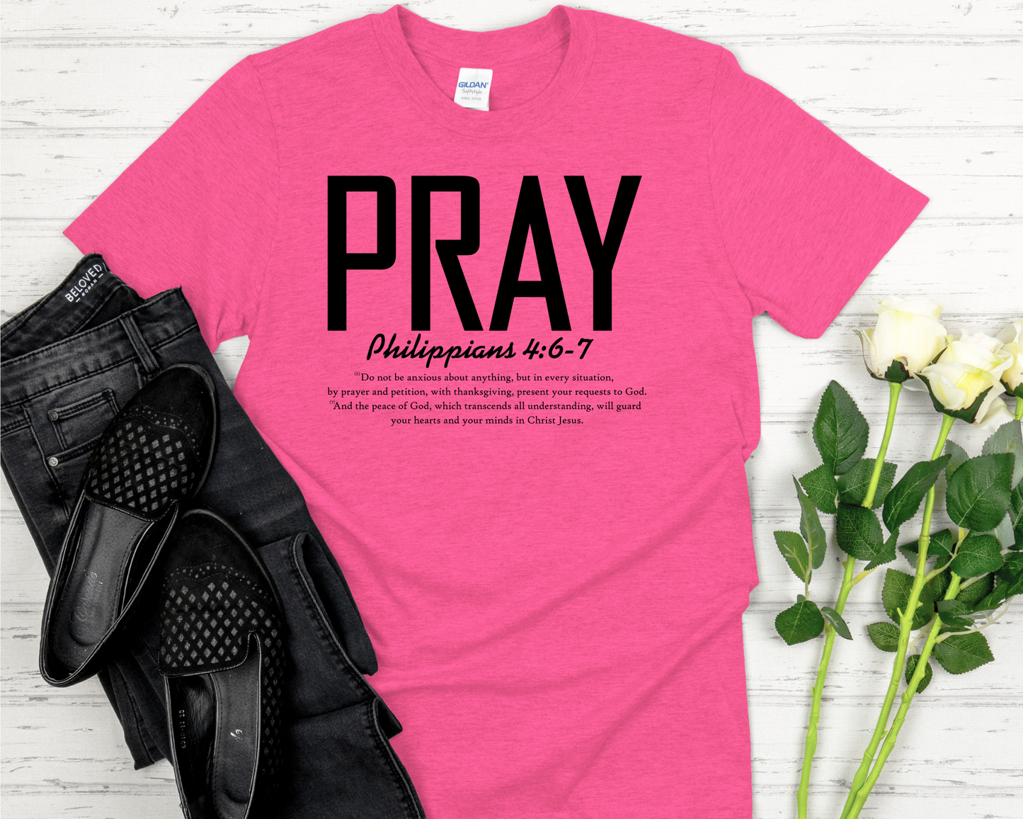 Pray | Philippians 4:6-7 Bible Verse Signature Softstyle Short-Sleeve T-Shirt