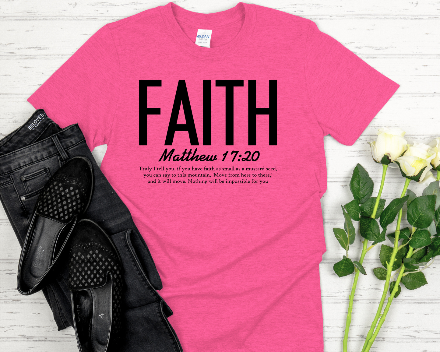 Faith | Matthew 17:20 Bible Verse Signature Softstyle Short-Sleeve T-Shirt