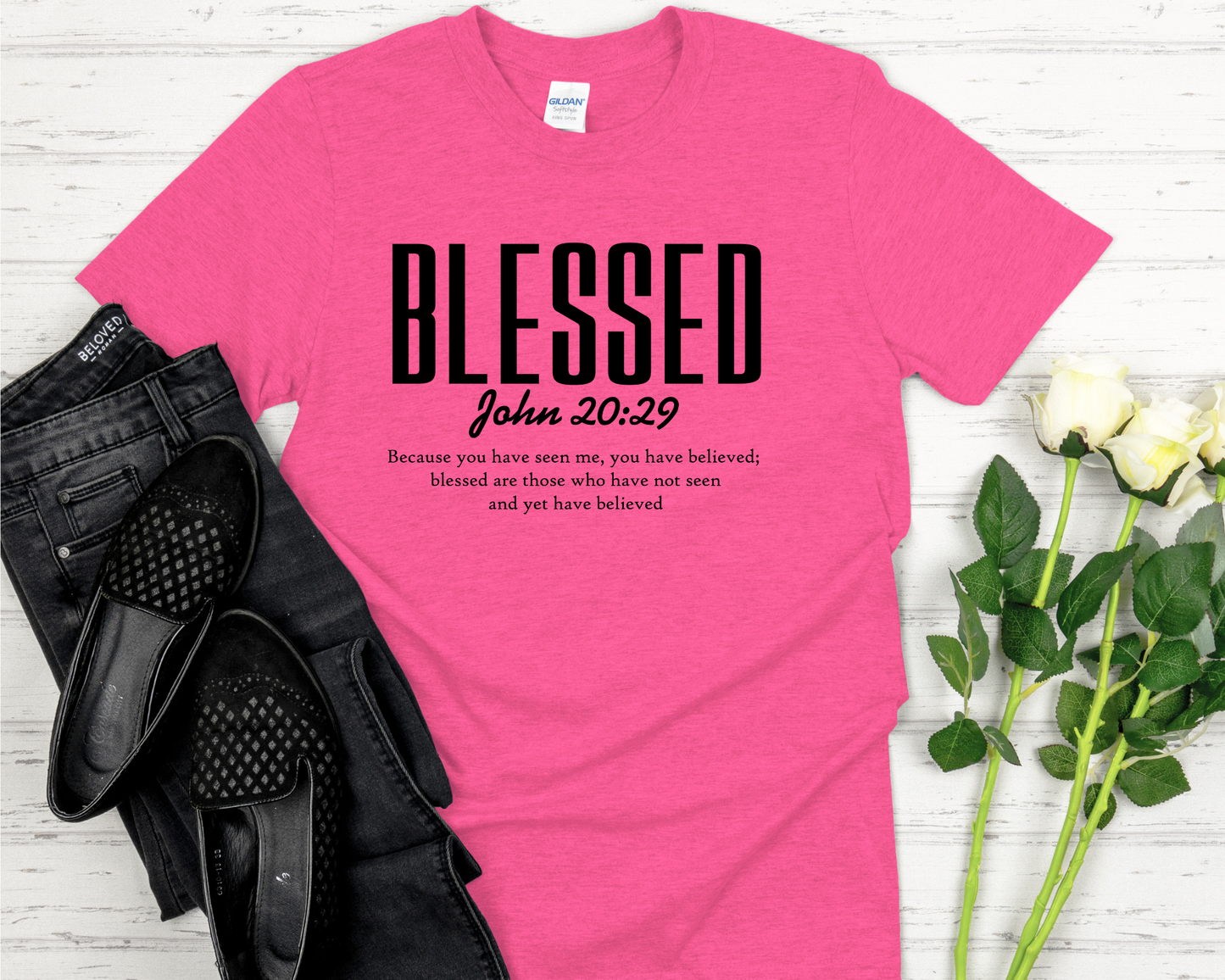 Blessed | John 20:29 Bible Verse Signature Softstyle Short-Sleeve T-Shirt
