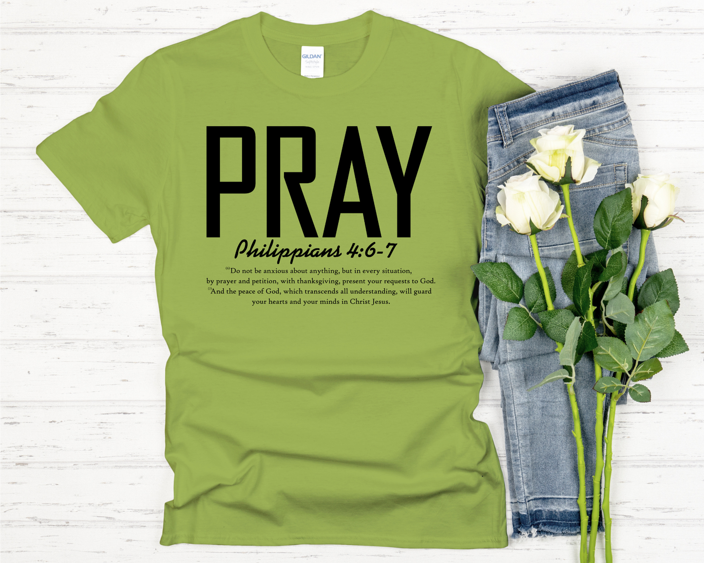 Pray | Philippians 4:6-7 Bible Verse Signature Softstyle Short-Sleeve T-Shirt